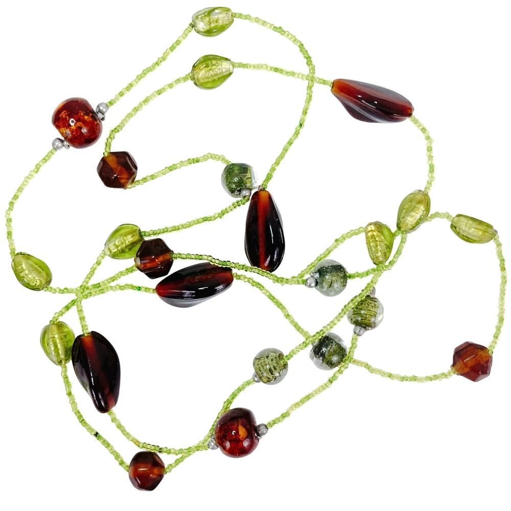 Vintage 44" Long Brown and Green Glass Seed Bead Bohemian Hippie Opera Necklace
